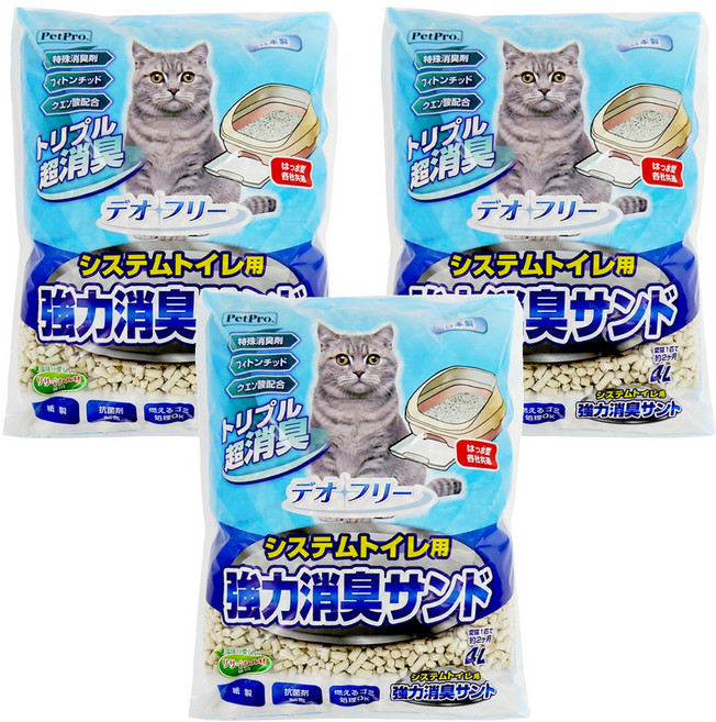 PetPro 雙層貓砂盆用 強力消臭沸石砂, 4L, 3袋, 強力消臭