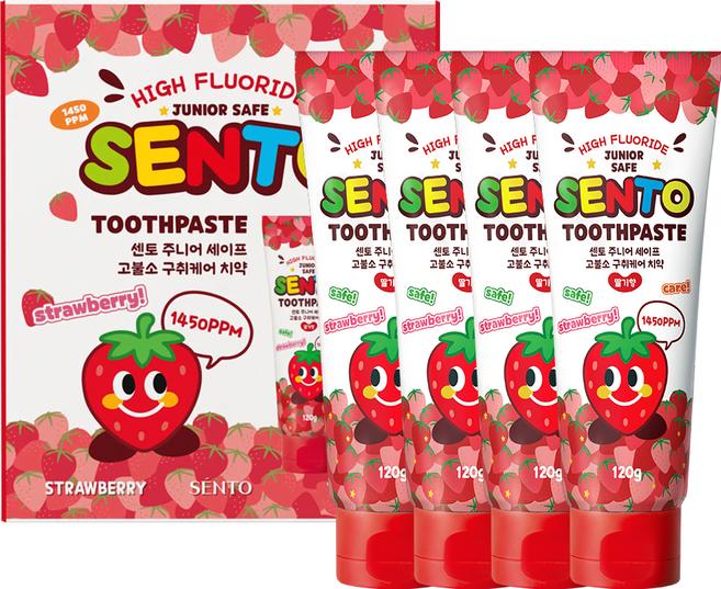 센토 주니어 세이프 고불소 구취케어 어린이치약 딸기향, 120g, 4개