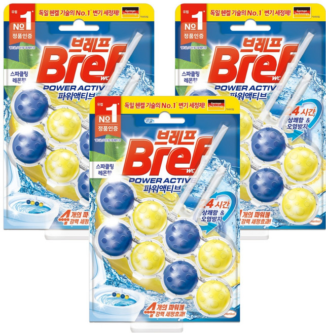 브레프 파워액티브 변기세정제 스파클링 레몬향, 100g, 3개