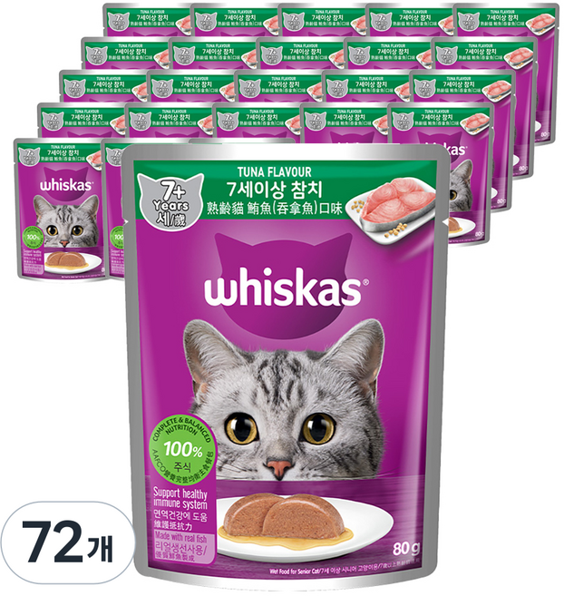 위스카스 시니어 고양이 주식 파우치, 참치, 80g, 72개
