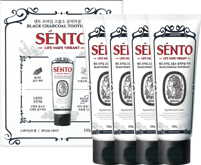 센토 프라임 블랙차콜 치약 스피아민트향, 120g, 4개 - 쿠팡