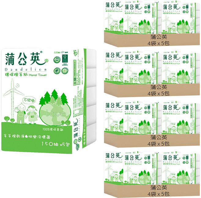 蒲公英 環保擦手紙 150張, 5包, 16袋