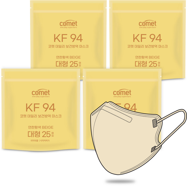 코멧 국내생산 KF94 새부리형 데일리 보건방역 마스크 대형, 100개입, 1개, 베이지