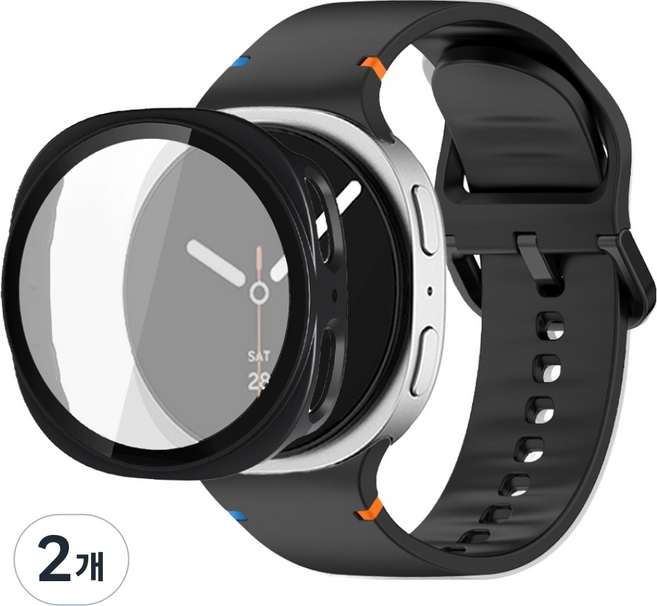 루아러블 갤럭시워치 액정보호 강화유리 필름 풀커버 하드 케이스 + 스포츠밴드 실리콘 스트랩 세트, 블랙, 2개