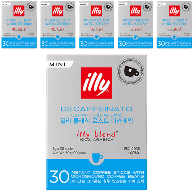 일리 클래식 로스트 디카페인 미니 원두커피스틱, 1g, 30개입, 6개