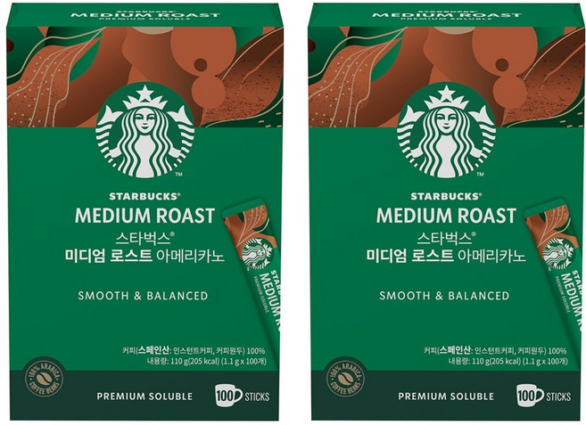 스타벅스 미디엄 로스트 아메리카노 원두커피믹스, 1.1g, 100개입, 2개