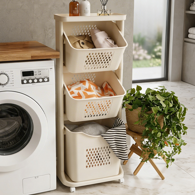 엠비코 루비 트임형 모던 트롤리 스윙 3단 빨래바구니, 베이지