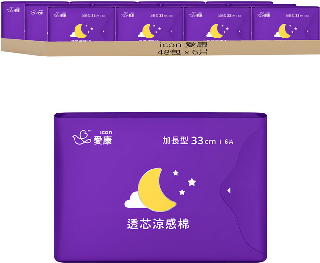 icon 愛康 透芯涼感衛生棉 加長型, 33cm, 6片, 48包
