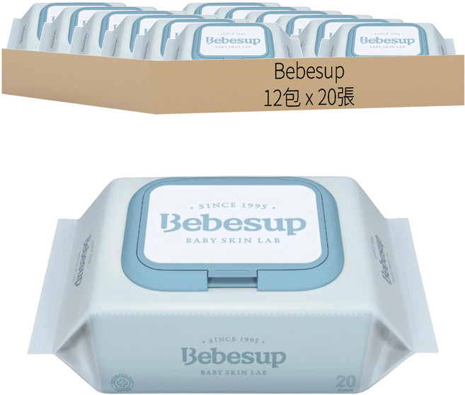 Bebesup 嬰兒用濕紙巾 敏感肌適用, 20張, 12包, 50gsm