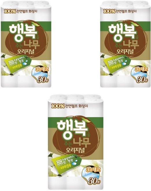 행복을주는나무 오리지널 천연펄프 3겹 고급롤화장지, 27m, 30개입, 3개