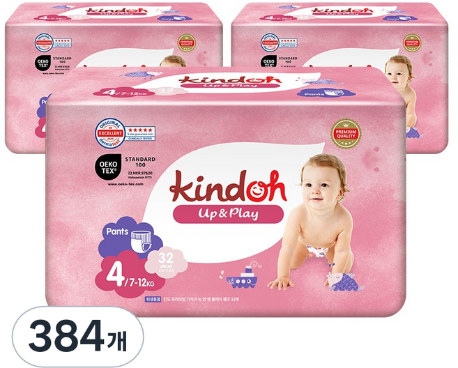 킨도 프리미엄 업앤플레이 팬티형 기저귀 남녀공용 대형, 4단계, 384매