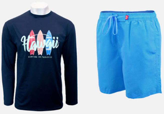 벤디스 남성용 하와이 긴팔 래쉬가드 상의 C264 + 비치팬츠 단색 A105 세트