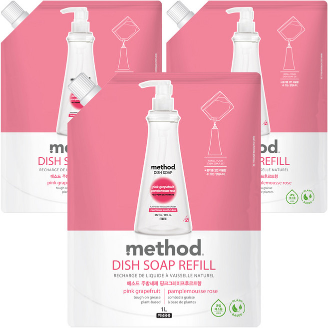 메소드 주방세제 핑크그레이프후르트향 리필, 1L, 3개