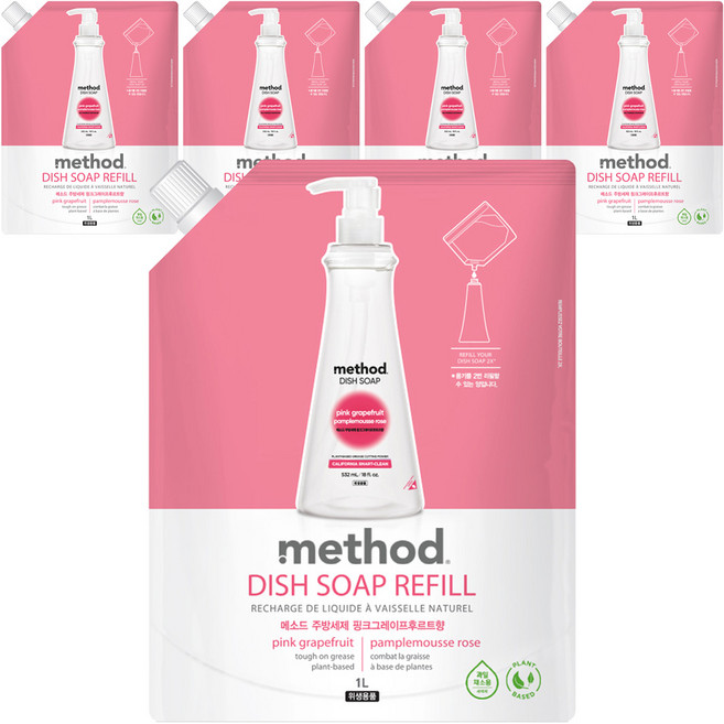 메소드 주방세제 핑크그레이프후르트향 리필, 1L, 5개