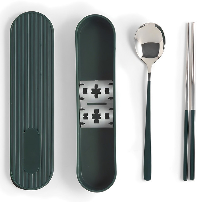 바네 커트러리 무소음 휴대용 도시락수저 + 수저통세트, 그린, 숟가락 + 젓가락 + 수저케이스, 1세트