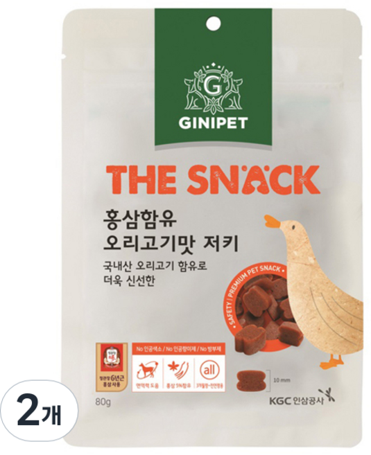 정관장지니펫 강아지 더스낵 홍삼함유 져키, 오리고기맛, 80g, 2개