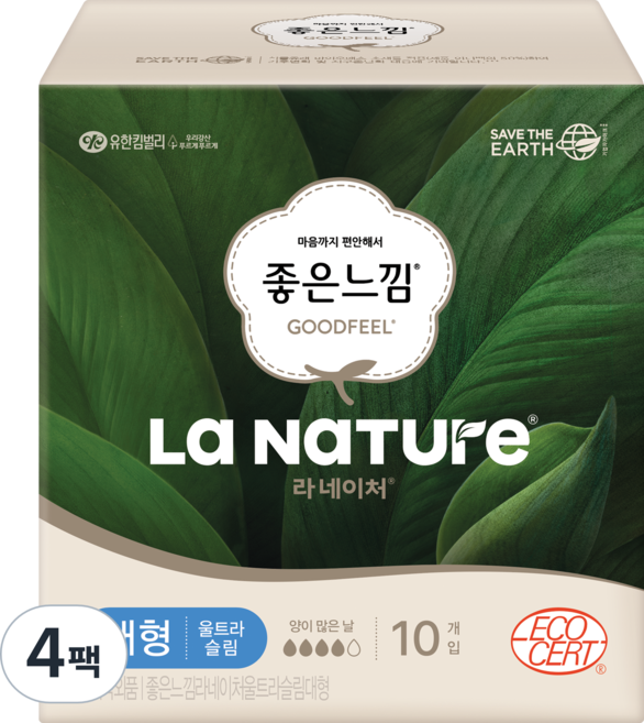라네이처 좋은느낌 울트라 슬림 생리대, 대형, 10개입, 4개