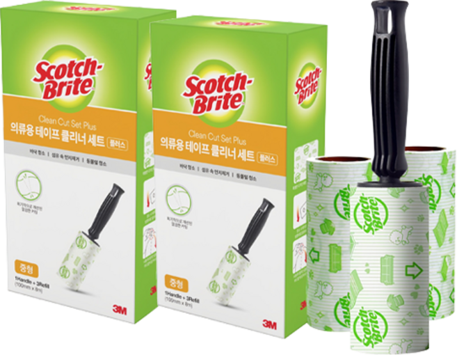 스카치브라이트 의류용 테이프 클리너 세트 플러스 핸들 + 리필 3개, 2세트