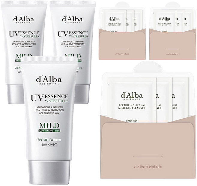 달바 비건 워터풀 마일드 선크림 SPF 50+ PA++++ 50ml + 약산성 젤클렌저 9ml 세트, 3개