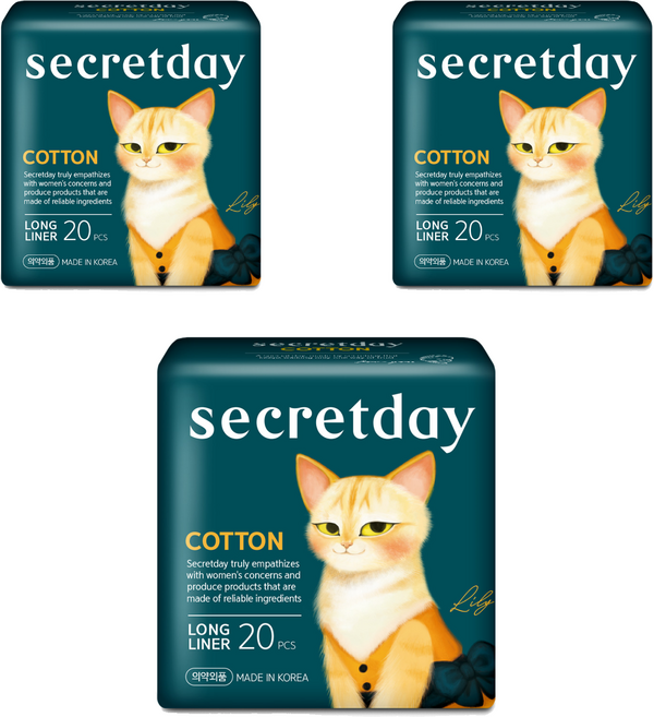 시크릿데이 코튼 팬티라이너, 롱, 20매입, 3개