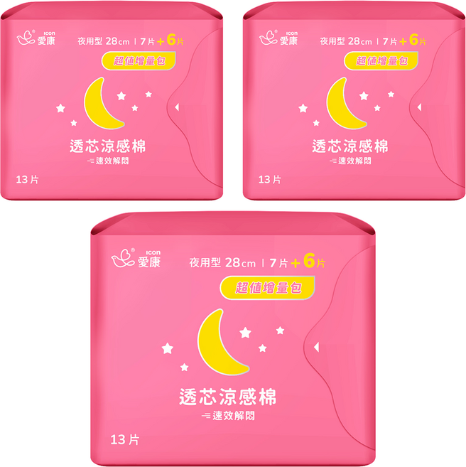 icon 愛康 透芯涼感衛生棉 護翼型, 夜用型 28cm, 13片, 3包