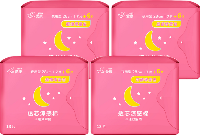 icon 愛康 透芯涼感衛生棉 護翼型, 夜用型 28cm, 13片, 4包