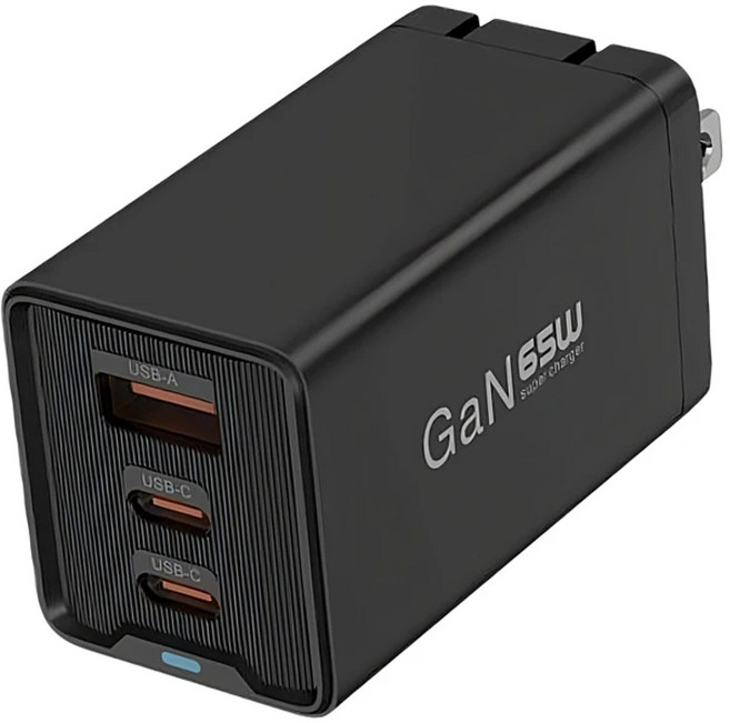 雙PD65W折疊腳GaN氮化鎵充電器 USB-A+Type-C(1A2C), 黑色, 1個