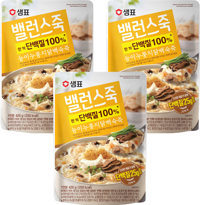 샘표 밸런스죽 능이누룽지닭백숙죽, 420g, 3개