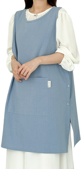 한스데이 국내 제조 단추형 트임 린넨 앞치마, 하늘, 1개