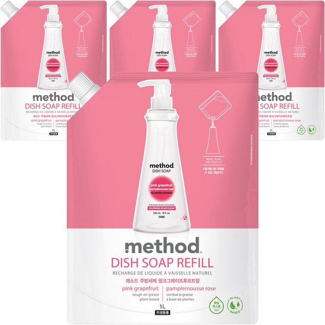 메소드 주방세제 핑크그레이프후르트향 리필, 1L, 4개