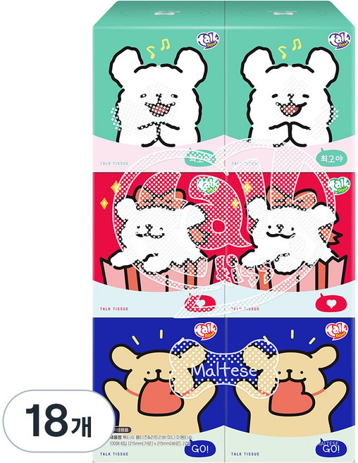 잘풀리는집 톡티슈 몰티즈 & 리트리버 미니 미용티슈 2겹 100p x 2개 x 3종 세트, 100매, 18개