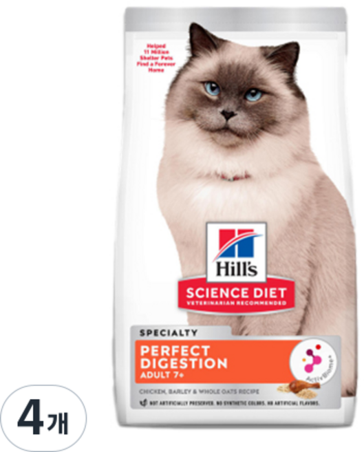 힐스 어덜트용 고양이 사이언스 다이어트 퍼펙트 다이제스천 7 플러스 기능성 사료, 닭, 1.59kg, 4개