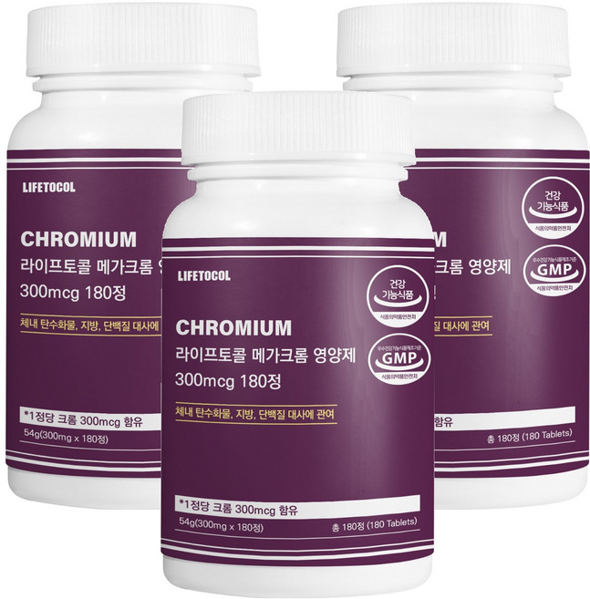 라이프토콜 메가 크롬 영양제 300mcg 54g, 180정, 3개