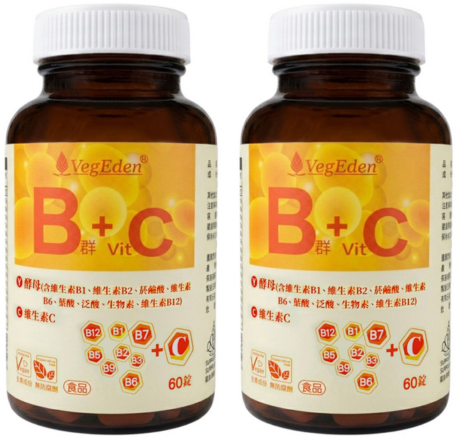 VegEden 蔬食伊甸園 酵母B群 + 維生素C錠, 490mg, 60顆, 2罐