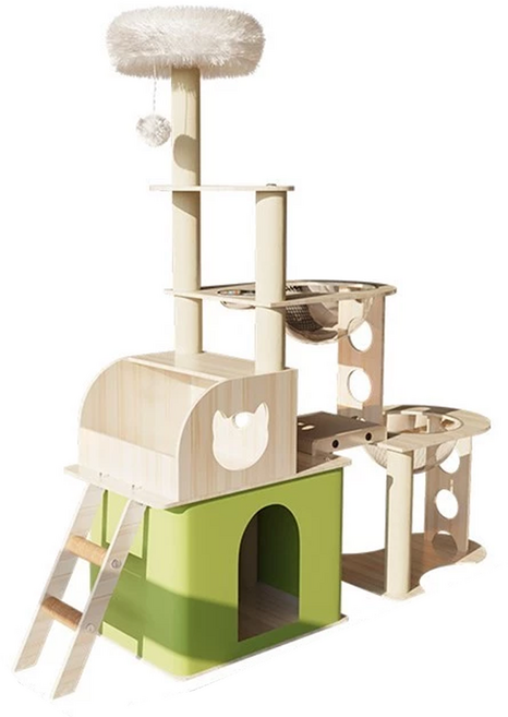 Horla 賀啦 生活家具用品 綠屋雙艙帶梯貓跳台 多功能設計 玩法多樣 牛津布抓柱 耐磨又耐抓, 綠色 + 原木色, 1個