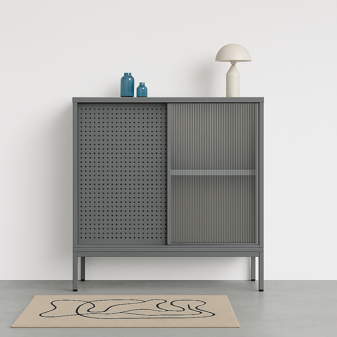 하비티 슬라이딩 도어 철제 수납장, 그레이