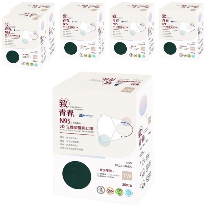 BLUE EAGLE 藍鷹牌 青少年N95立體型醫用口罩, 50片, 6盒, 碧湖綠