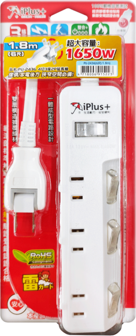 iPlus 保護傘 4切3座防火抗雷擊180度插頭延長線 PU-2436, 1個