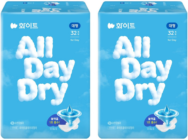 유한킴벌리 화이트 올데이드라이 생리대 날개형, 대형, 32개입, 2개