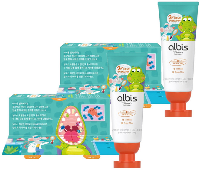 알비스 충치케어 어린이치약 프루티민트향, 75g, 2개