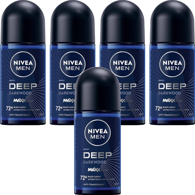 NIVEA 妮維雅 台灣公司貨 深極炭系列 止汗爽身乳液 清新魅力 滾珠瓶, 50ml, 5瓶
