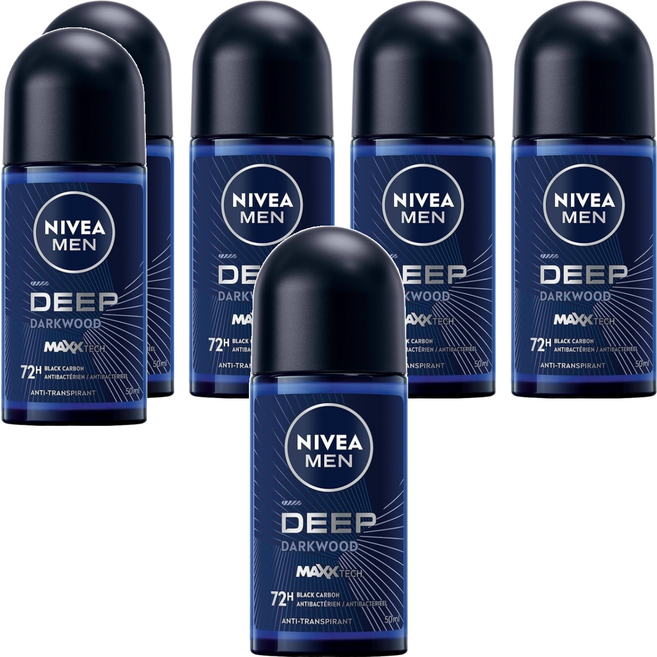 NIVEA 妮維雅 台灣公司貨 深極炭系列 止汗爽身乳液 清新魅力 滾珠瓶, 50ml, 6瓶