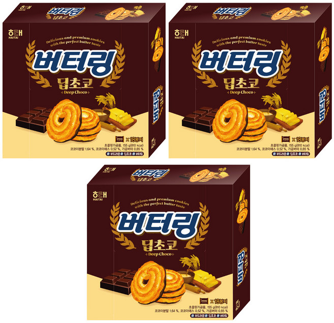 해태제과 버터링 딥초코, 155g, 3개