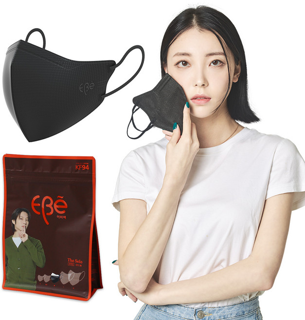 이비에 더세로 새부리형 컬러 마스크 중형 KF94 + 파우치, 블랙, 1개, 30개입