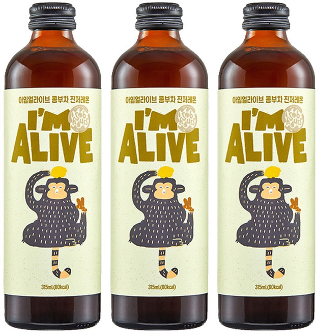 아임얼라이브콤부차 유리병 진저레몬, 315ml, 3개