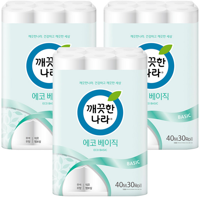 깨끗한나라 에코 베이직 2겹 롤화장지, 40m, 30개입, 3개