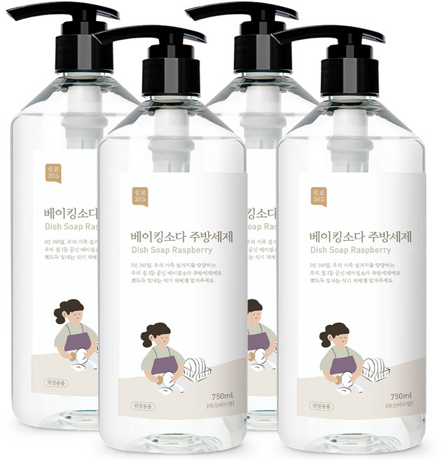 쉼표365 베이킹소다 주방세제 라즈베리향, 750ml, 4개