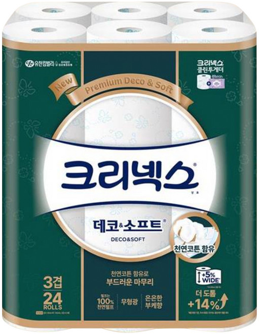 크리넥스 천연 펄프 데코 & 소프트 3겹 화장지 30m, 24롤, 1개