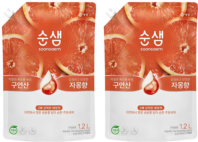 Soonsaem 檸檬酸蔬果碗盤洗潔劑補充包 葡萄柚香, 1.2L, 2包