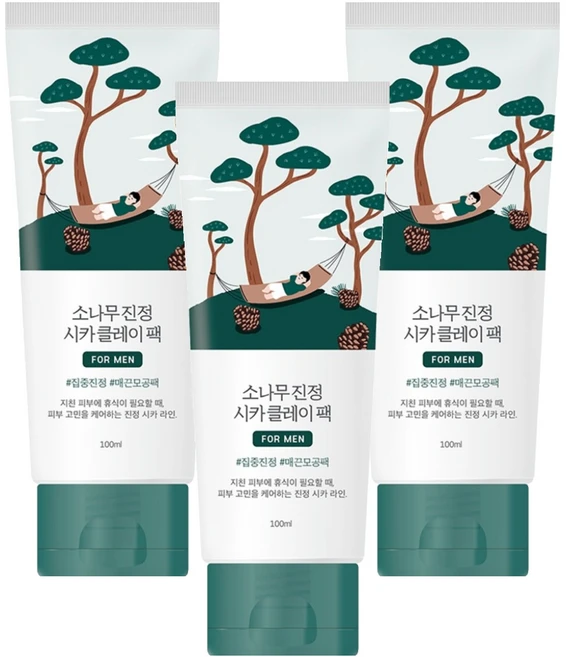 라운드랩 포 맨 소나무 진정 시카 클레이 팩 100ml, 3개, 1개입 - 쿠팡